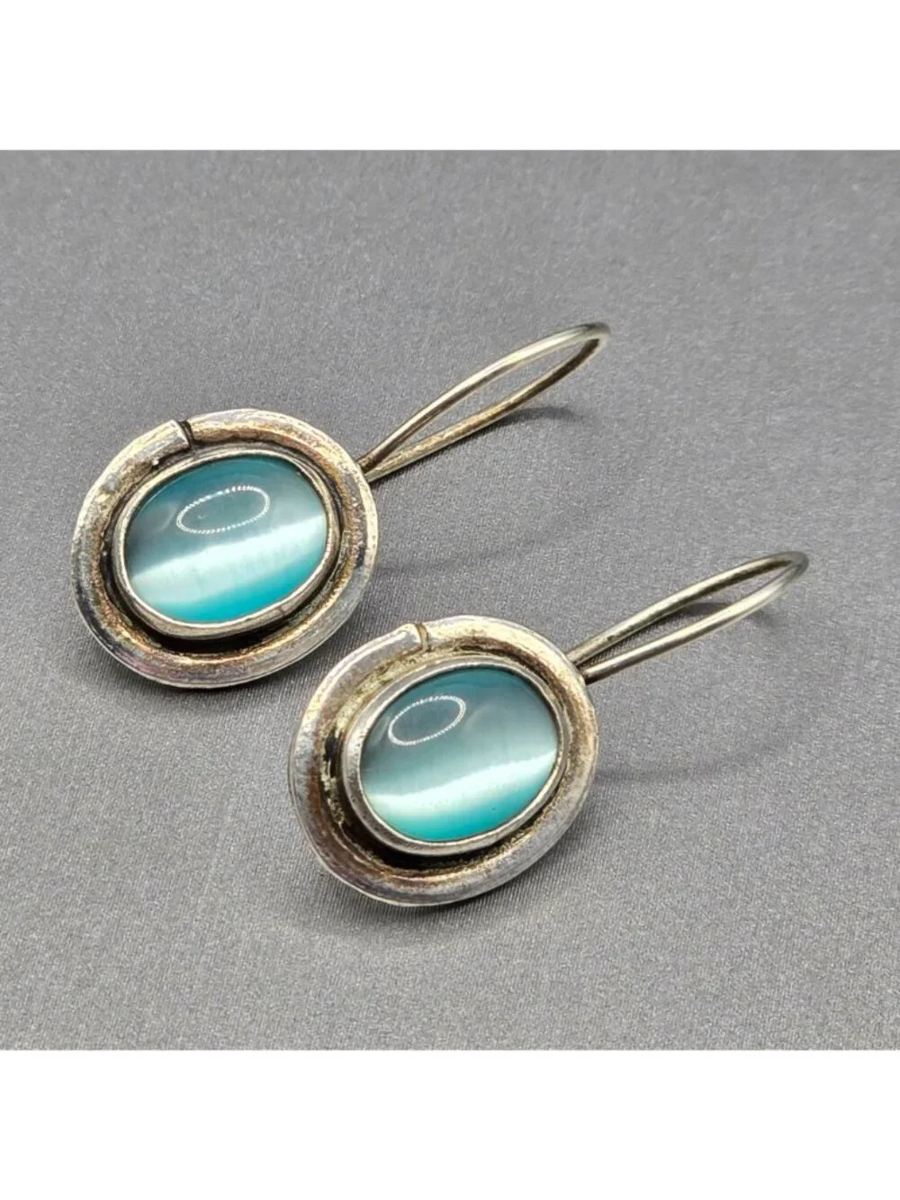 Vintage Sezgin Sterling Silver Blue Cats Eye Drop Earrings Modernist Dangle - Picture 12 of 12